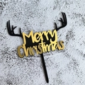 Black reindeer antler Merry Christmas acrylic cake topper on a textured grey surface - Black Antlers Style / Black/Gold
