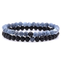 6mm matte black and grey natural stone distance bracelets for couples in a 2-piece set - Weathered Stone