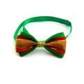 Close-up of red and green Christmas pet bowtie with gold glitter and adjustable strap - VN094-12-Red Green Gold Patchwork