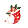 Christmas stocking brooch with red enamel, holly leaves and gold star patterns - Stocking and Horn Style (C1442)