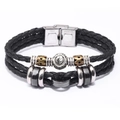 Bracciale multistrato in pelle nera da uomo con ciondolo zodiacale in acciaio - Pesci