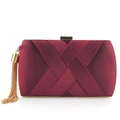 Elegant burgundy satin clutch bag with pleated texture and gold tassel detailing - Burgundy