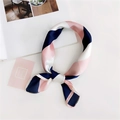 Pink and navy blue silk-like square scarf with geometric pattern in an elegant knot - 24 Stripe Pink