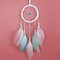 Vue détaillée des plumes roses et bleu sarcelle avec perles sur un attrape-rêves - Rose Girly / Sans lumière