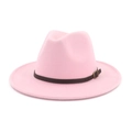 Detail of pink wool fedora hat featuring a brown leather band and antique metal buckle - Pink