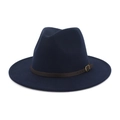 Detail of navy wool fedora hat featuring a brown leather band and gold metal buckle - Navy Blue