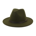 Classic dark green wool fedora hat with brown leather belt and golden metal buckle - Army Green