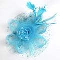 Serre-tête de mariée bleu clair élégant avec plumes, résille et perles sur fond blanc - Bleu lac