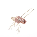 Pink floral bridal hair pin with golden leaves and white pearls for wedding hairstyles - 2-Flower Hairpin / Pink