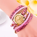 Pink bohemian multilayer wrap watch with leopard print strap and quartz gold dial - Pink
