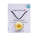 Detail of handmade glass pendant necklace with real yellow daisy flower and black wax cord - Yellow