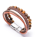 Meerlaagse leren armband met tijgeroogstenen en zilveren magnetische sluiting - Bruine Tijgeroog Meerlaagse Stijl