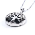Silver life tree necklace pendant featuring a polished black gemstone inlay and ball chain - Black Agate With Chain