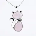 Cute pink crystal stone cat pendant necklace with silver finish chain for women - Rose Quartz