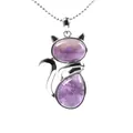 Cute silver cat pendant necklace featuring natural purple amethyst gemstones and a bead chain - Amethyst