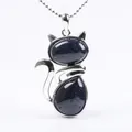 Cute cat pendant necklace with blue sandstone and silver bead chain for women - Blue Sandstone
