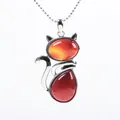 Cute silver cat pendant necklace featuring orange agate stones on a fine bead chain - Red Agate