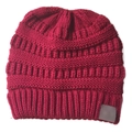 Close-up of dark red chunky knit beanie featuring ribbed texture and woven patterns - Burgundy