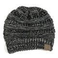 Detail of grey knitted ponytail beanie with horizontal stripes and brown leather patch - Black Floral