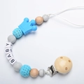 Blue baby pacifier clip with silicone crown beads and wooden letter beads - Blue