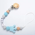 Blue and grey baby pacifier clip with wood beads, silicone crown and BABY lettering - Light Blue