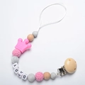Pink and grey silicone pacifier clip with baby letter beads and wooden crown charm - Rose Red