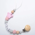 Pink and grey silicone pacifier clip with wooden beads and BABY letter charms - Pink