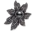 Macro shot of retro black pearl flower brooch with dark grey micro-pave crystals - Hollow Petal - Large Black Pearl