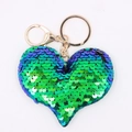 Sparkling sequin heart keychain with green and blue gradient flip sequins and gold metal ring - Heart-Greenish Colorful
