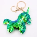 Sparkling green sequin unicorn keychain with golden metal ring on white background - Unicorn-Greenish Colorful