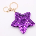 Detailed view of star-shaped keychain with shiny purple sequins and golden metal lobster clasp - Star-Purple