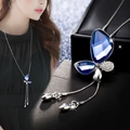 Silver butterfly necklace with dark blue crystals and long tassels on snake chain - Silver + Royal Blue