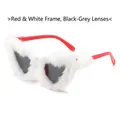 Plush heart-shaped sunglasses featuring a red frame with white faux fur and grey lenses - White Frame Red Legs Black Grey Lenses