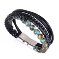 Mehrlagiges Armband aus grünem Naturstein und schwarzem Leder mit silbernem Magnetverschluss - Afrikanischer Kieferstein