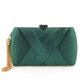 Dark green satin evening clutch bag featuring elegant pleats and gold tassel detail - Dark Green