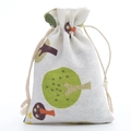 Small linen drawstring pouch with green tree and brown mushroom patterns for storage - Tree Fox