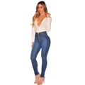 Women's high waist skinny blue jeans with multi-button closure and white V-neck top - S / Dark Blue