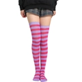 Close-up of purple and rose red striped over-knee socks in textured knit fabric - Purple Rose Red Striped
