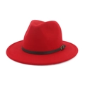 Classic red wide brim wool fedora hat with dark brown band and metal buckle - Red