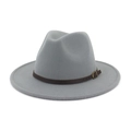 Detail showing light grey fedora felt texture with a brown leather decorative buckle band - Light Gray