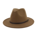 Classic brown felt fedora hat for women and men with elegant brown leather decorative band - Khaki