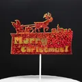 Pink glitter reindeer and house Merry Christmas cake topper ornament, 13.3cm width - Laser Carriage Christmas Toppers