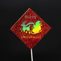 Sparkly red Christmas cake topper with holographic reindeer and Merry Christmas text - Laser Square Christmas Toppers