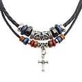 Detail van dubbellaagse gevlochten lederen ketting met houten kralen en zilveren kruis - Kruis Halsketting (QNN1064)