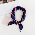 Detail of red, white and blue striped satin silk scarf tied in a stylish neck knot - 28 Stripe Navy