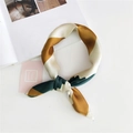 Elegant silk-like square scarf featuring beige, yellow, and green geometric patterns - 4 Wave Pattern