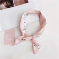 Pink silk-like square scarf with elegant black and white swan prints in a neckerchief style - 22 Swan Pink
