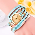 Geneva quartz watch with light blue braided wrap strap and leopard print leather band - Sky Blue