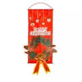 Red Merry Christmas hanging banner with floral wreath, pine cones and golden bow - Flower Garland