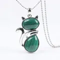 Cute green malachite stone cat pendant necklace with silver bead chain for women - Malachite